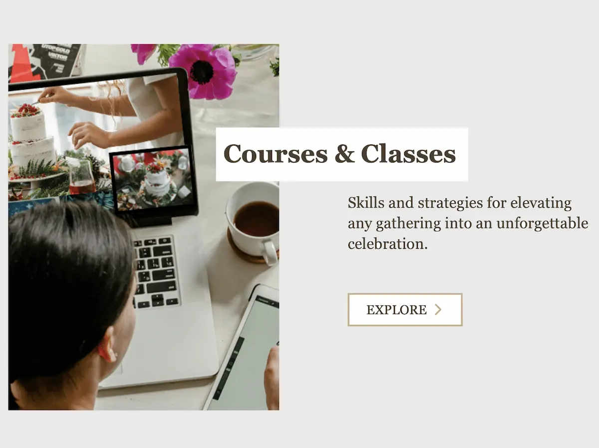 A woman with laptop showcasing event planning classes, surrounded by coffee and floral decor, with a text inviting to explore courses.